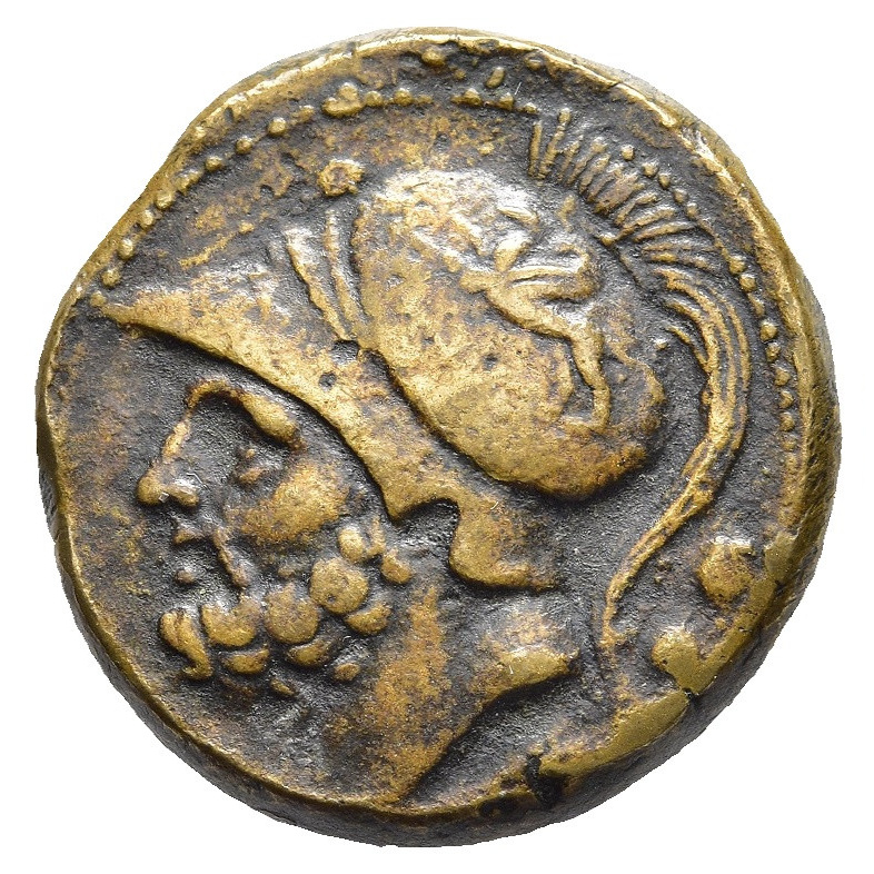Obverse of coin related to Ares on a Bruttian Bronze